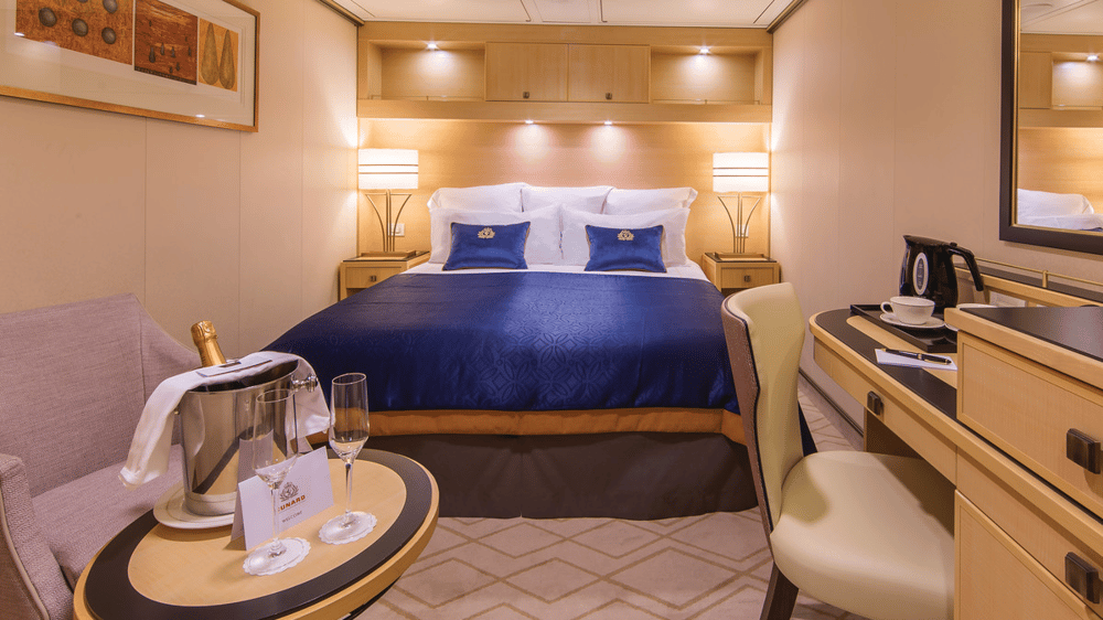 Inside stateroom on Cunard's luxurious Queen Mary 2