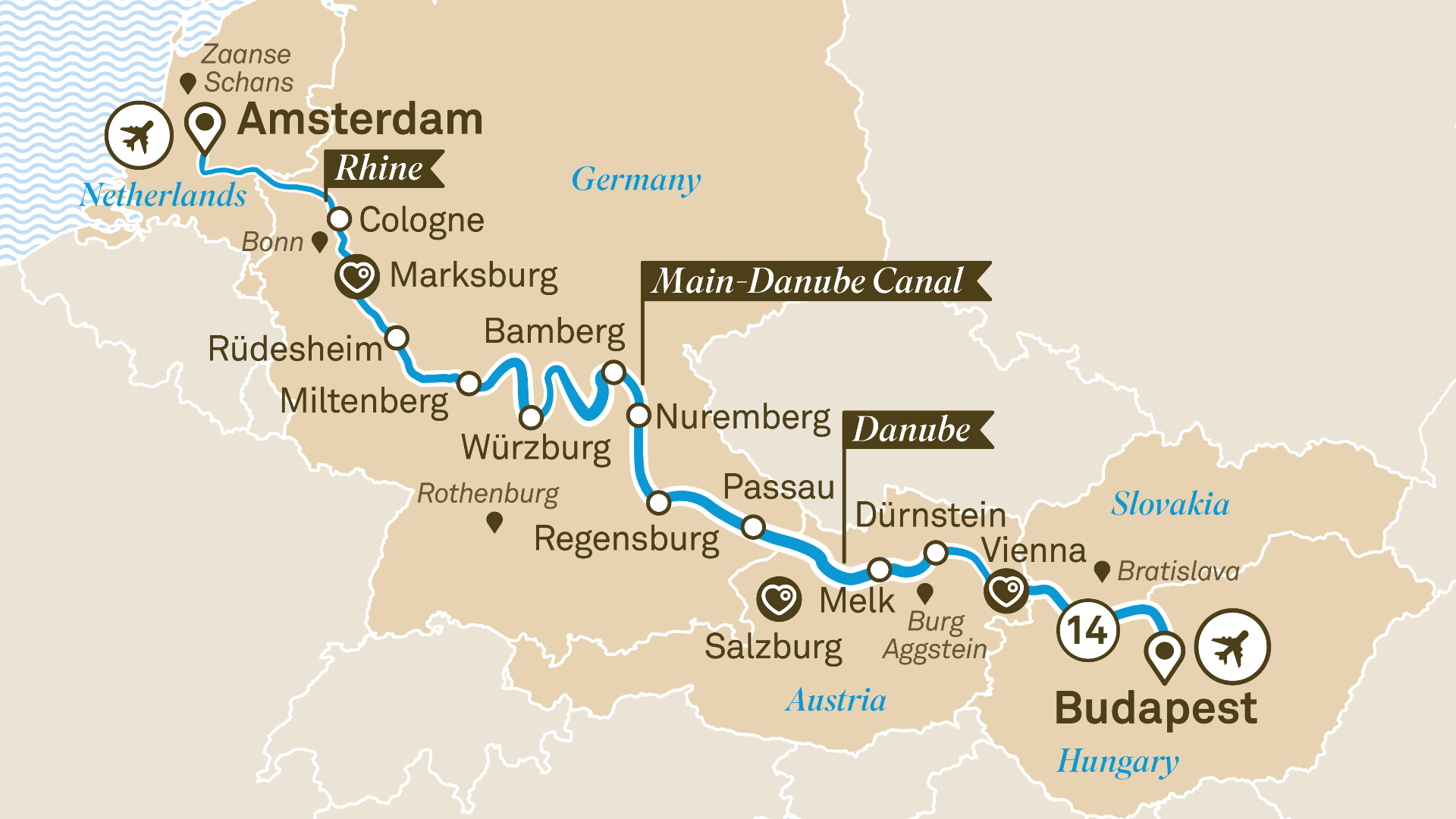 15 day Amsterdam to Budapest Luxury River Cruise Travel at 60