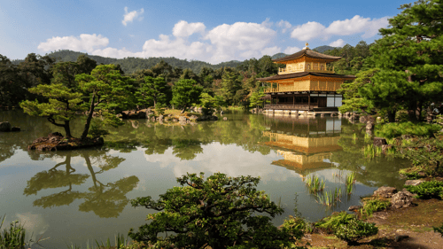 Kinkakuji Temple (Golden Pavilion) – Kinkakuji Temple is a Buddhist temple and an excellent example of Japanese garden design. The structure is a brilliant golden hue colour and is very minimalistic.