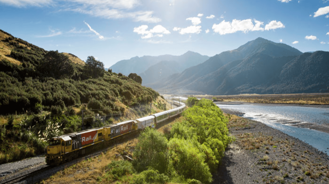Travel on the TranzAlpine Train through the Southern Alps