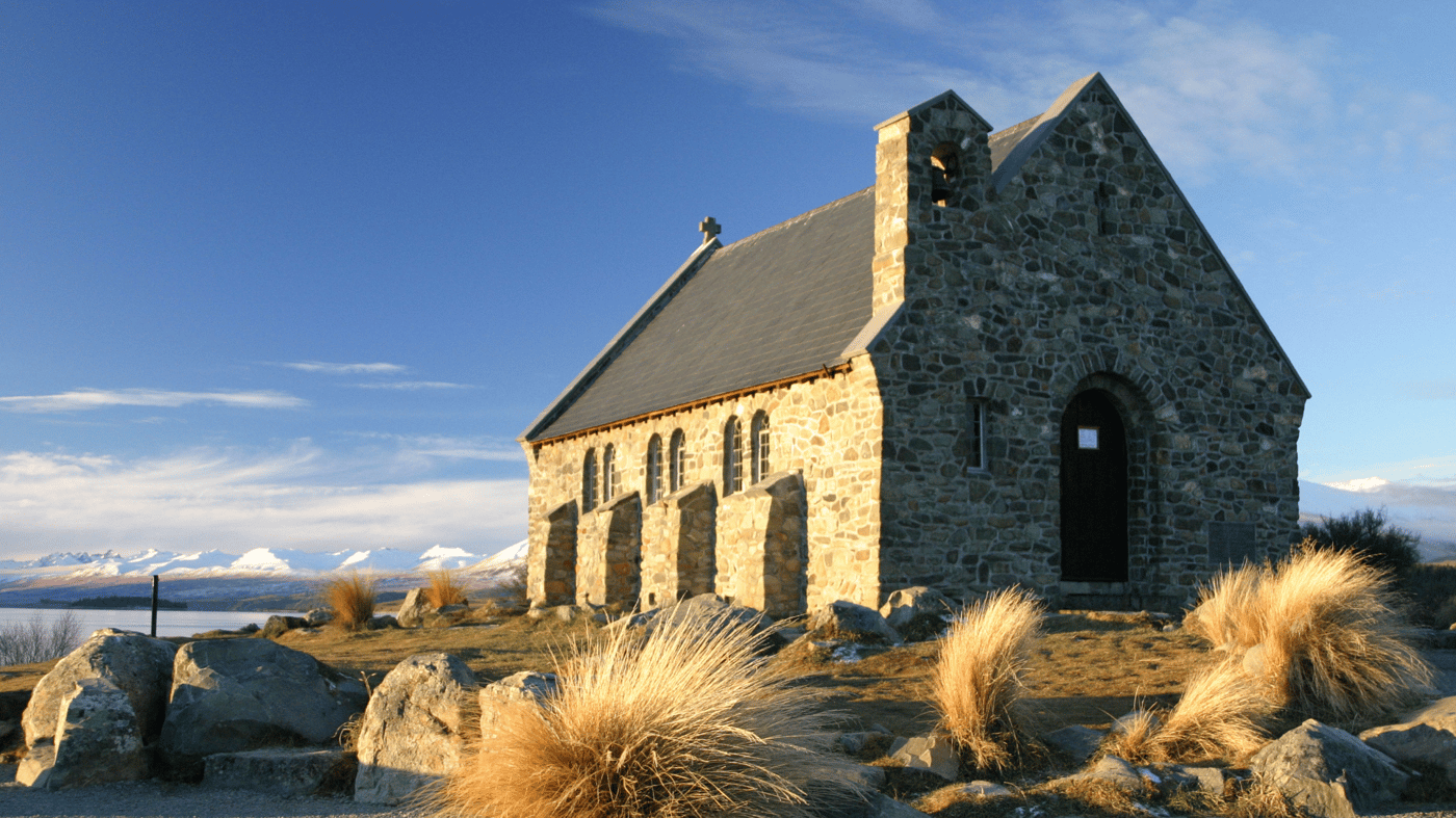 View the Church of the Good Shepherd and the Sheep Dog Statue, iconic landmarks of the Mackenzie region