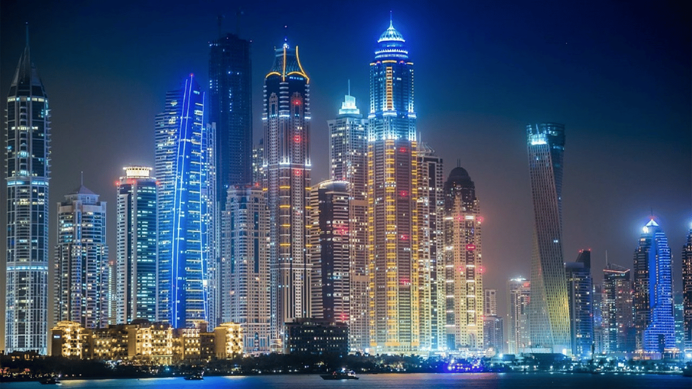 Dubai night skyline, United Arab Emirates
