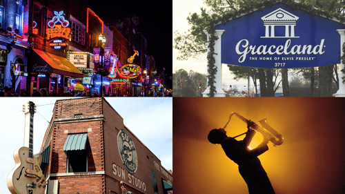 Clockwise from top left: Nashville, Graceland, New Orleans, Memphis