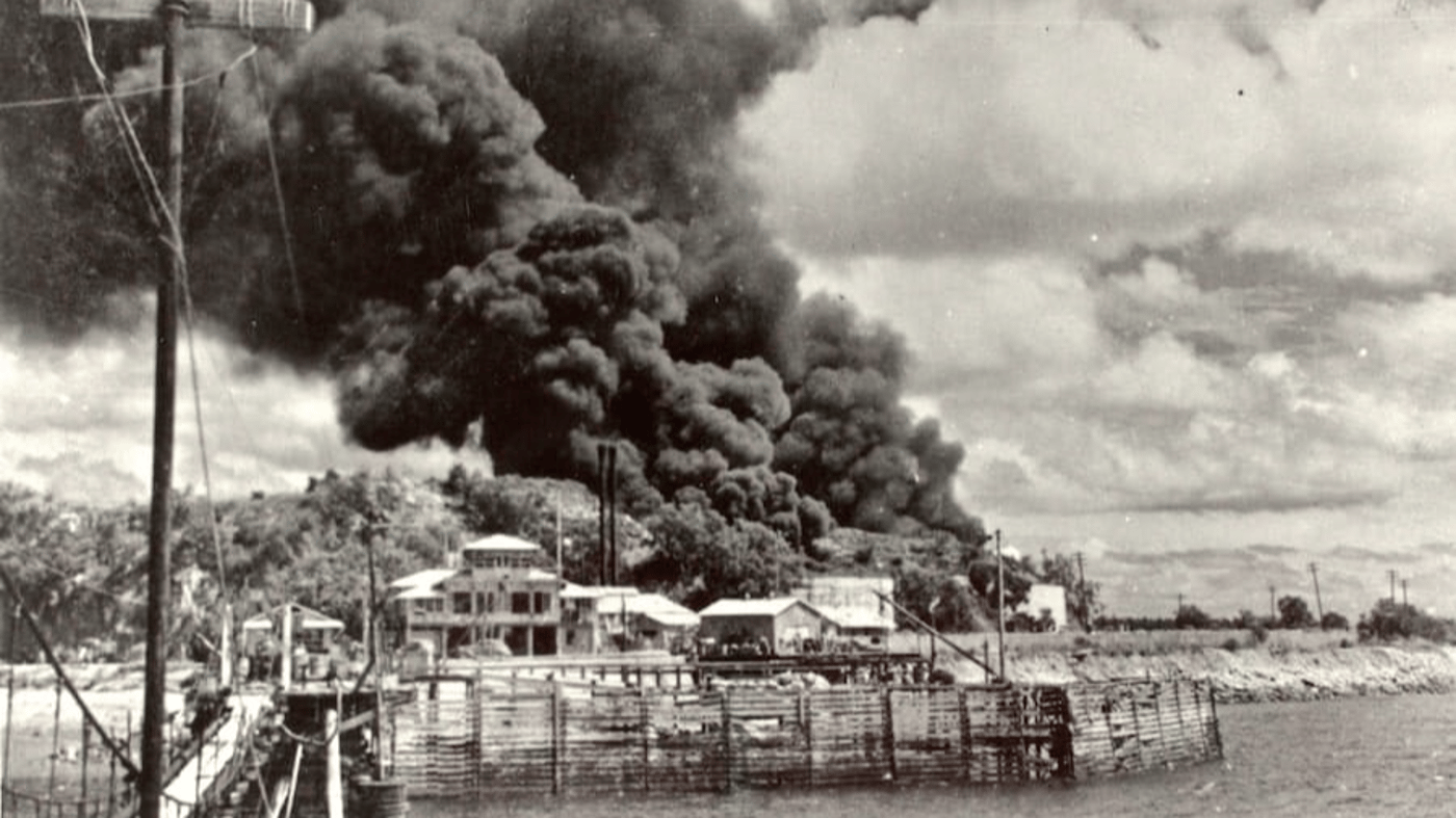 The harrowing view from Stokes Hill, Darwin in February 1942