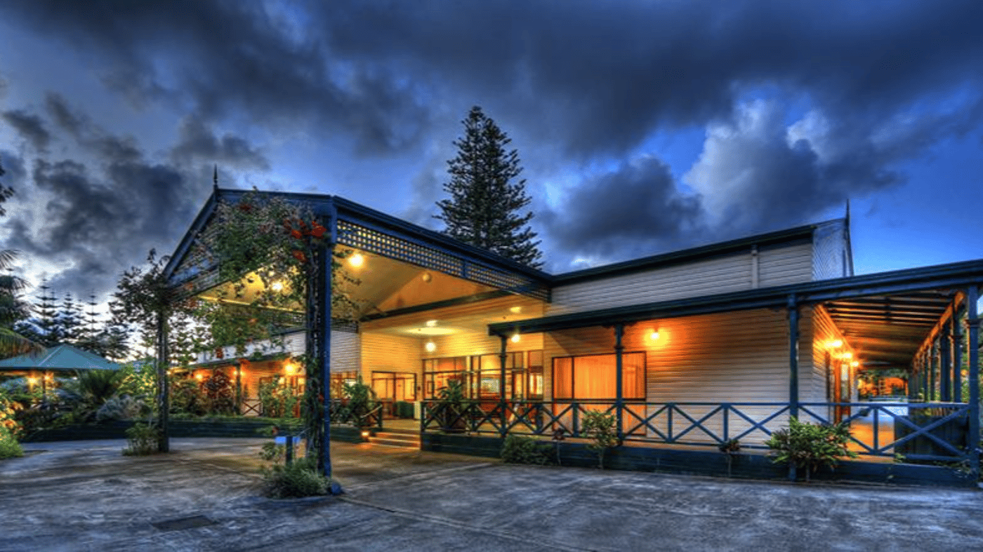 Resort facade - warm and inviting!