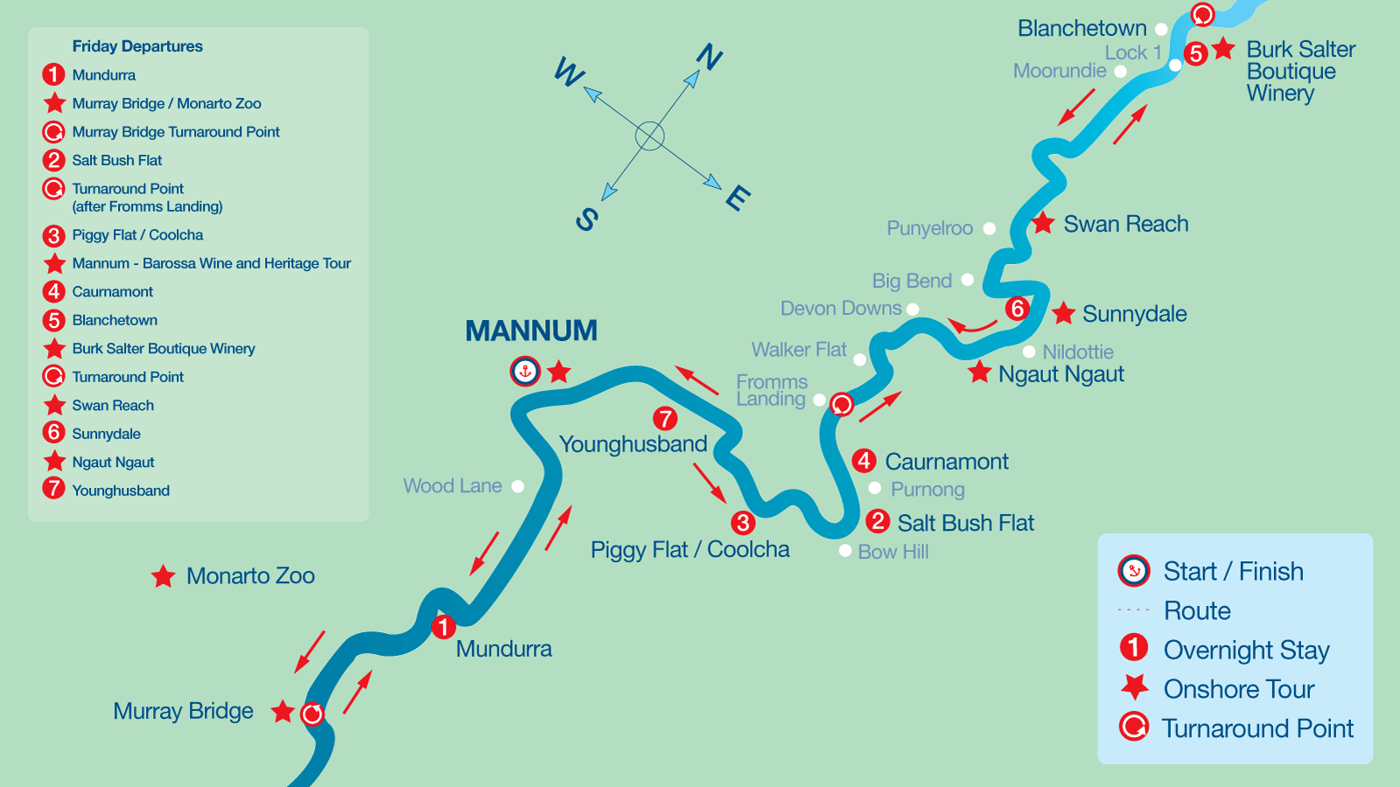 The 12 January departure at a glance. (Scroll right for the alternative 19 January departure to the Upper Murraylands.)