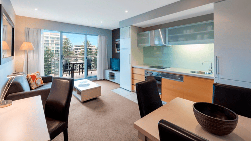 Living area of the one bedroom apartment 