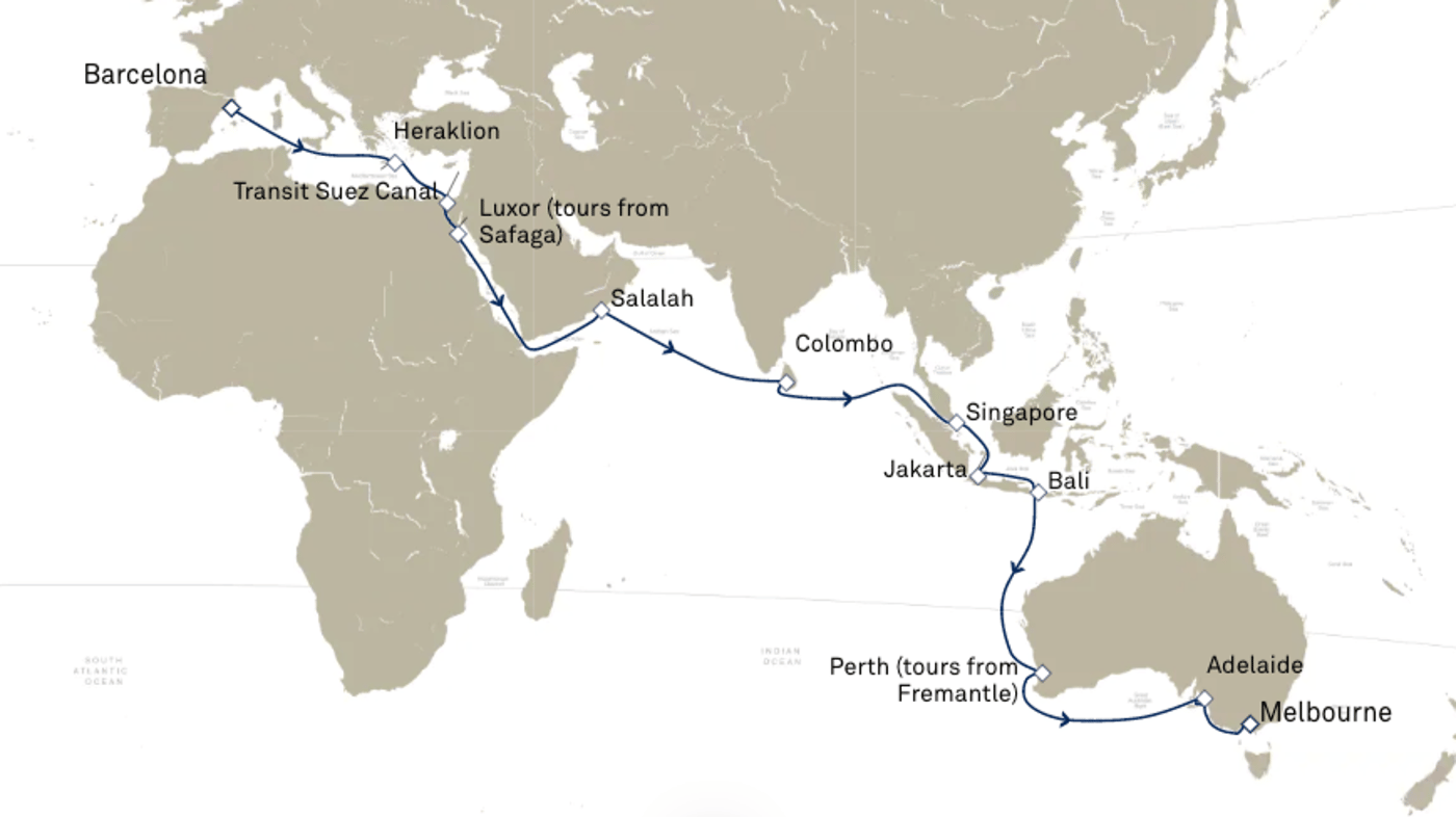Disembark in Fremantle after 28 nights, or Melbourne after 34 nights.