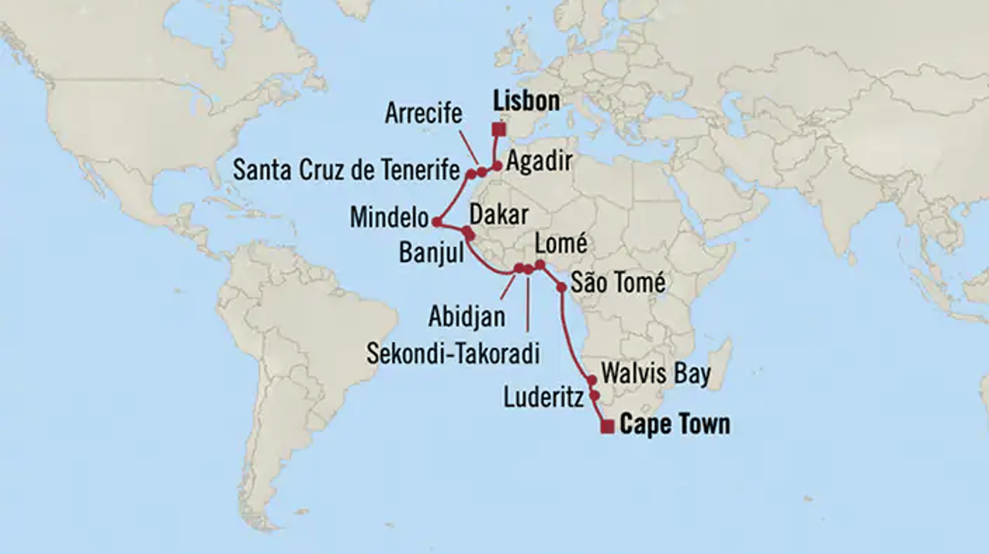 A very rare chance to cruise the west coast of Africa over 24 nights.
