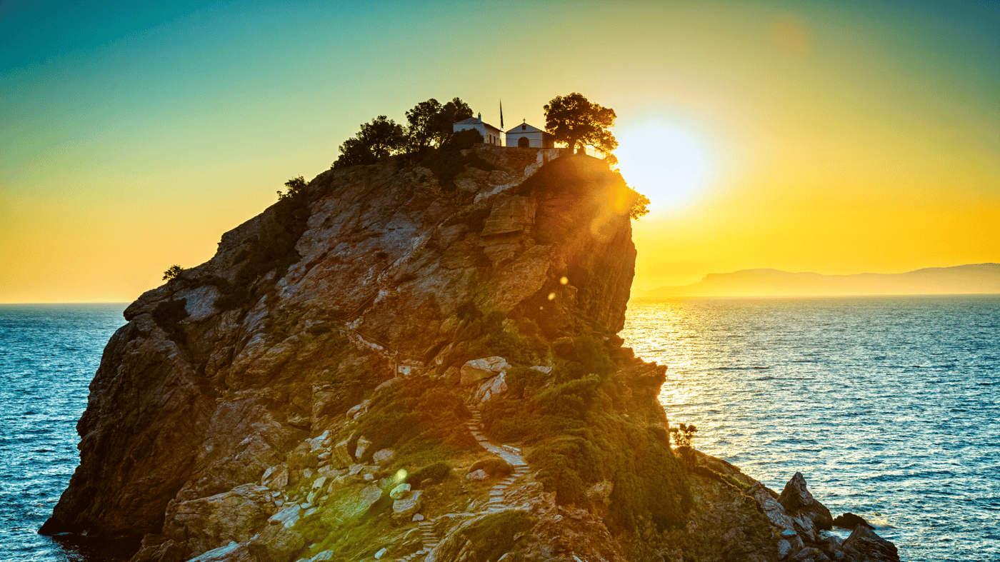 Skopelos, Greece: Much of the coast consists of steep cliffs, though the island does have a few beaches. Atop one of these cliffs stands the chapel of Agios Ioannis, which was the location for the wedding scene in the film “Mamma Mia.”