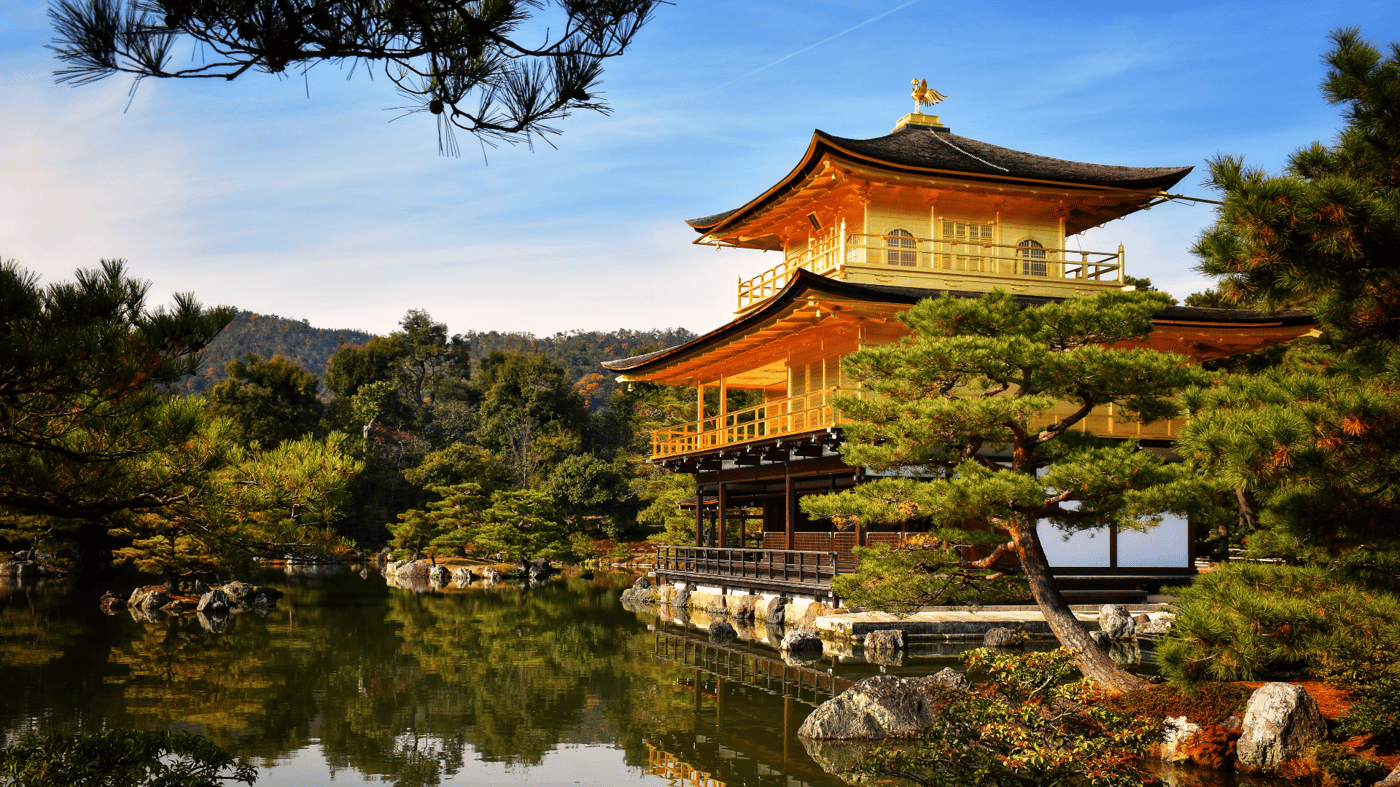 Kinkakuji Temple (Golden Pavilion) – Kinkakuji Temple is a Buddhist temple and is an excellent example of Japanese garden design. The structure is a brilliant golden hue colour and is very minimalistic.