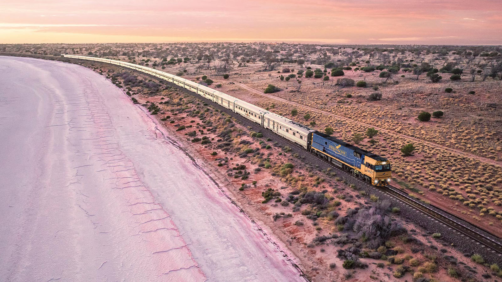 Indian Pacific, dawn on the salt expanse of Lake Hart 