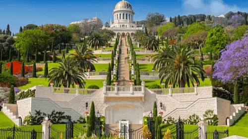 View of Bahai gardens and the Shrine of the Bab on mount Carmel in Haifa, Israel
