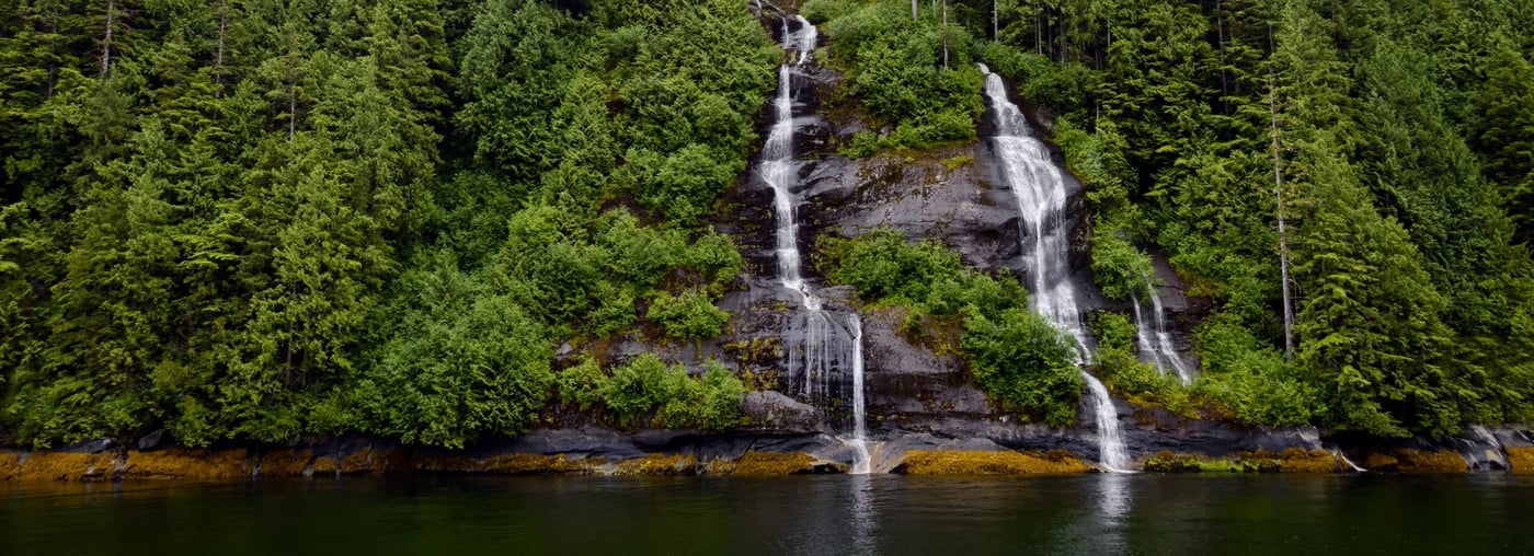 Twin waterfalls cascading through dense evergreen forest into a calm pool.