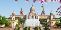 Palau Nacional and Magic Fountain with pink flowers framing the view in Barcelona, Spain.