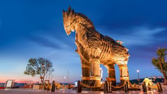 Çanakkale, Turkey - The large wooden-looking structure is the actual prop horse used in the 2004 Hollywood movie Troy.