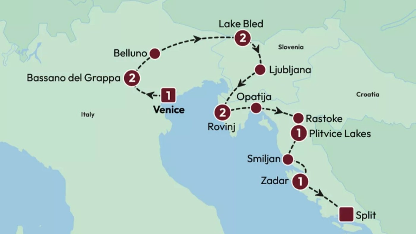 Tour Map - Adriatic Discovery: Northern Italy, Slovenia and Croatia