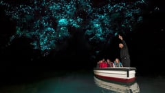 Tourists in a small boat viewing glowworms illuminating the ceiling of a dark cave.