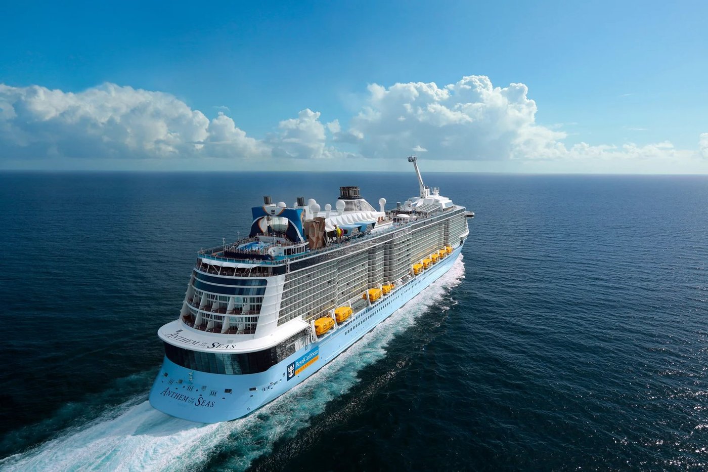 Large cruise ship sailing through open ocean waters under dramatic cloudy skies.