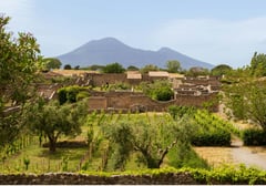 Ancient ruins at Pompeii with Mount Vesuvius visible in the background under clear skies.